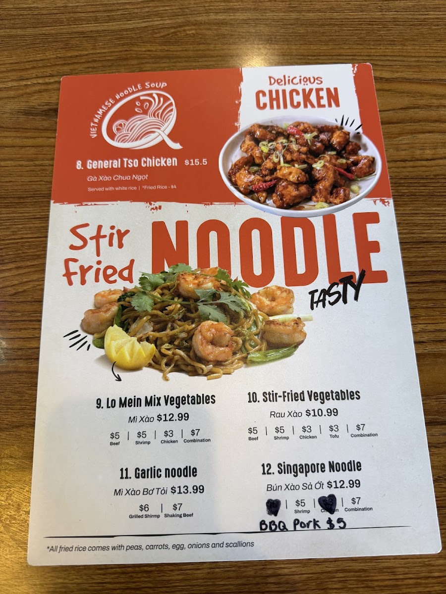 Pho Queen menu board
