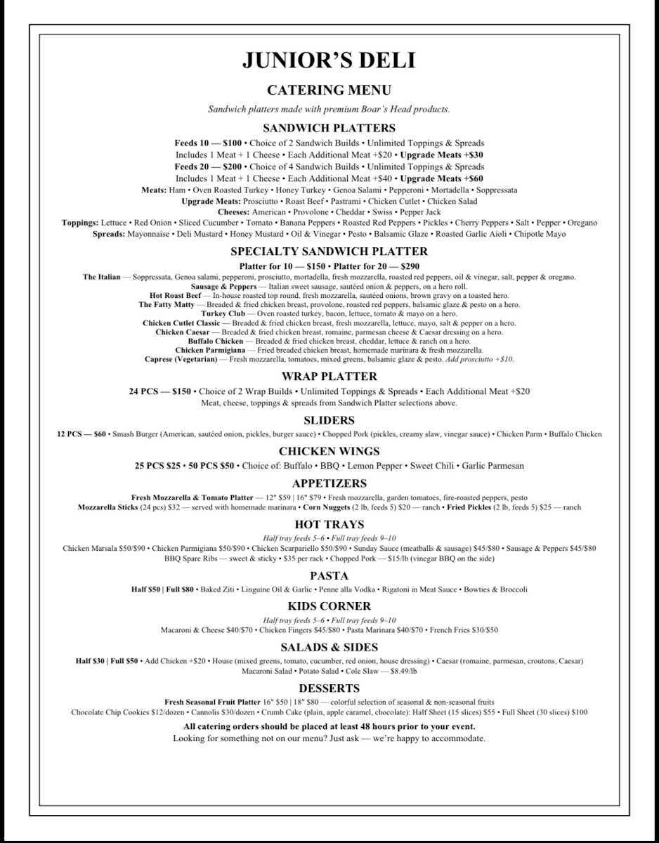 Juniors Deli menu board