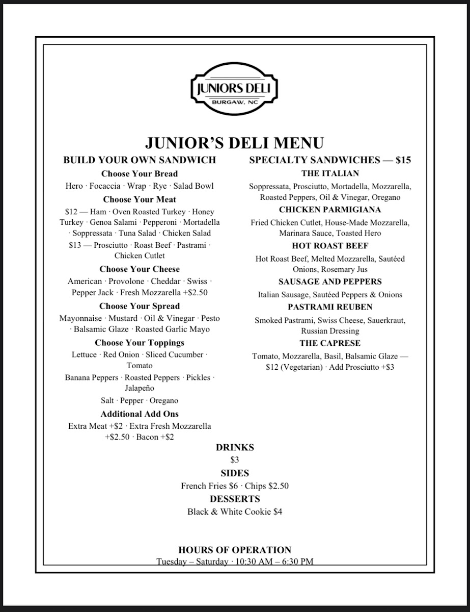 Juniors Deli menu board