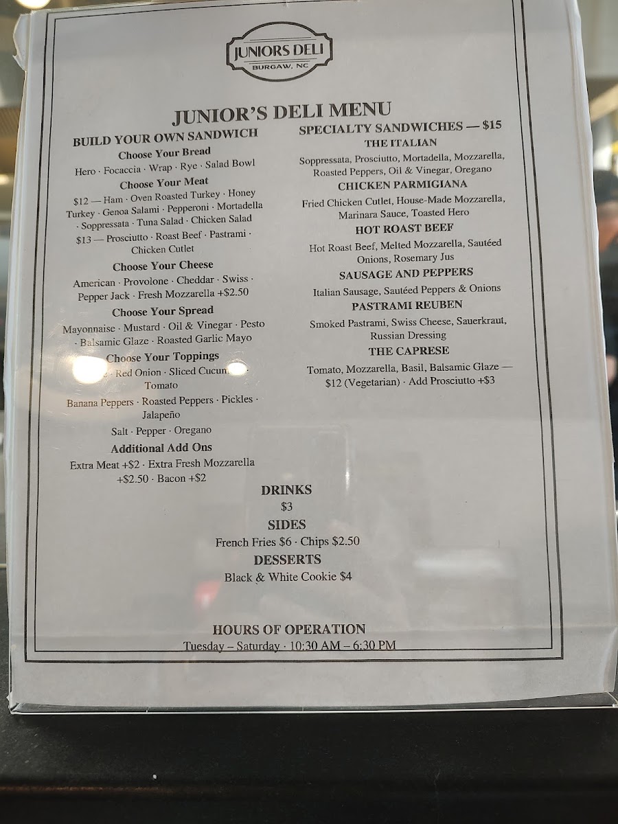 Juniors Deli menu board