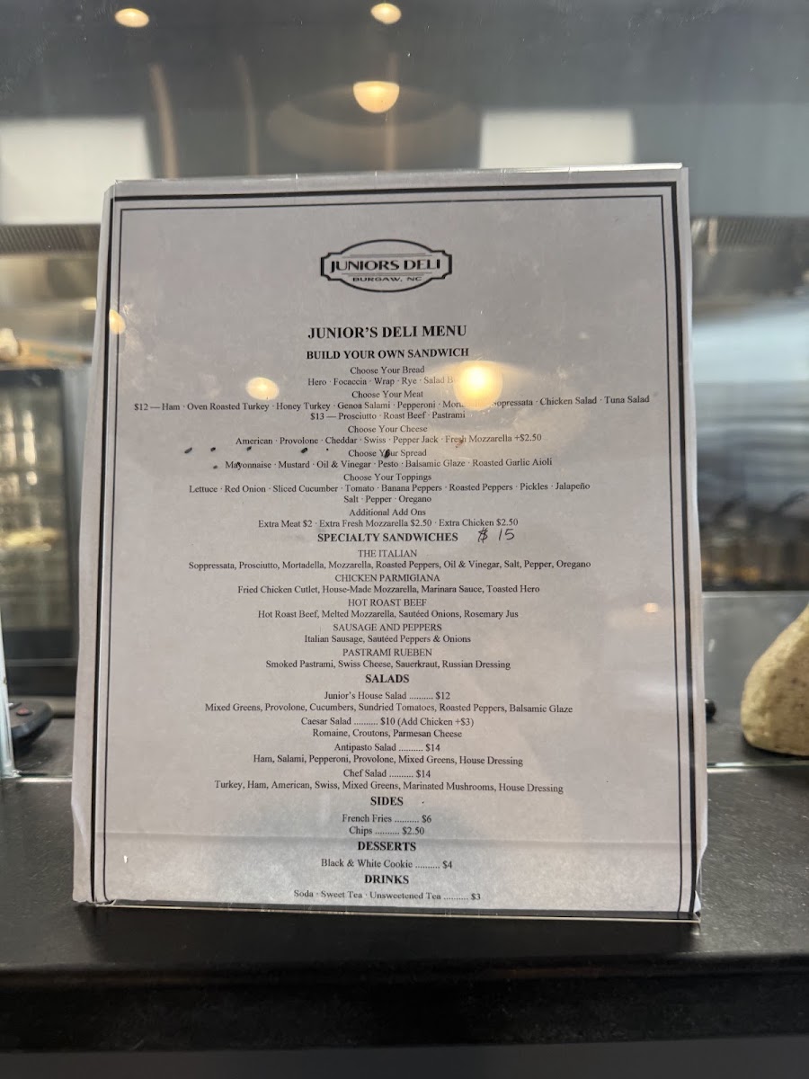 Juniors Deli menu board