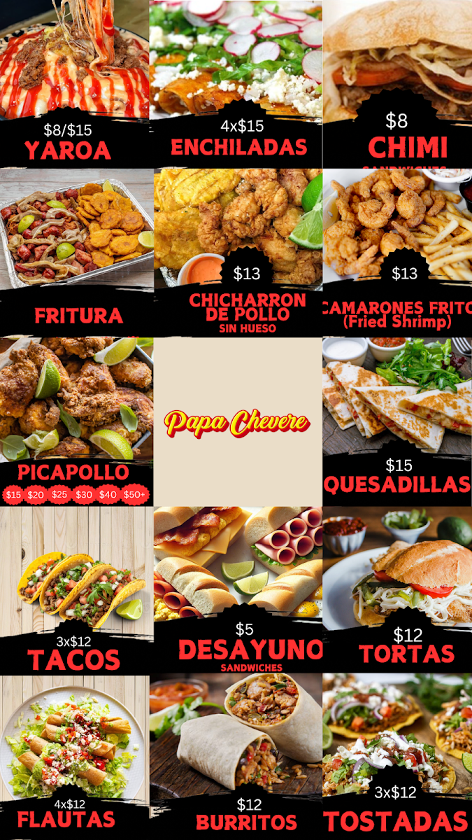 Papa Chevere menu board