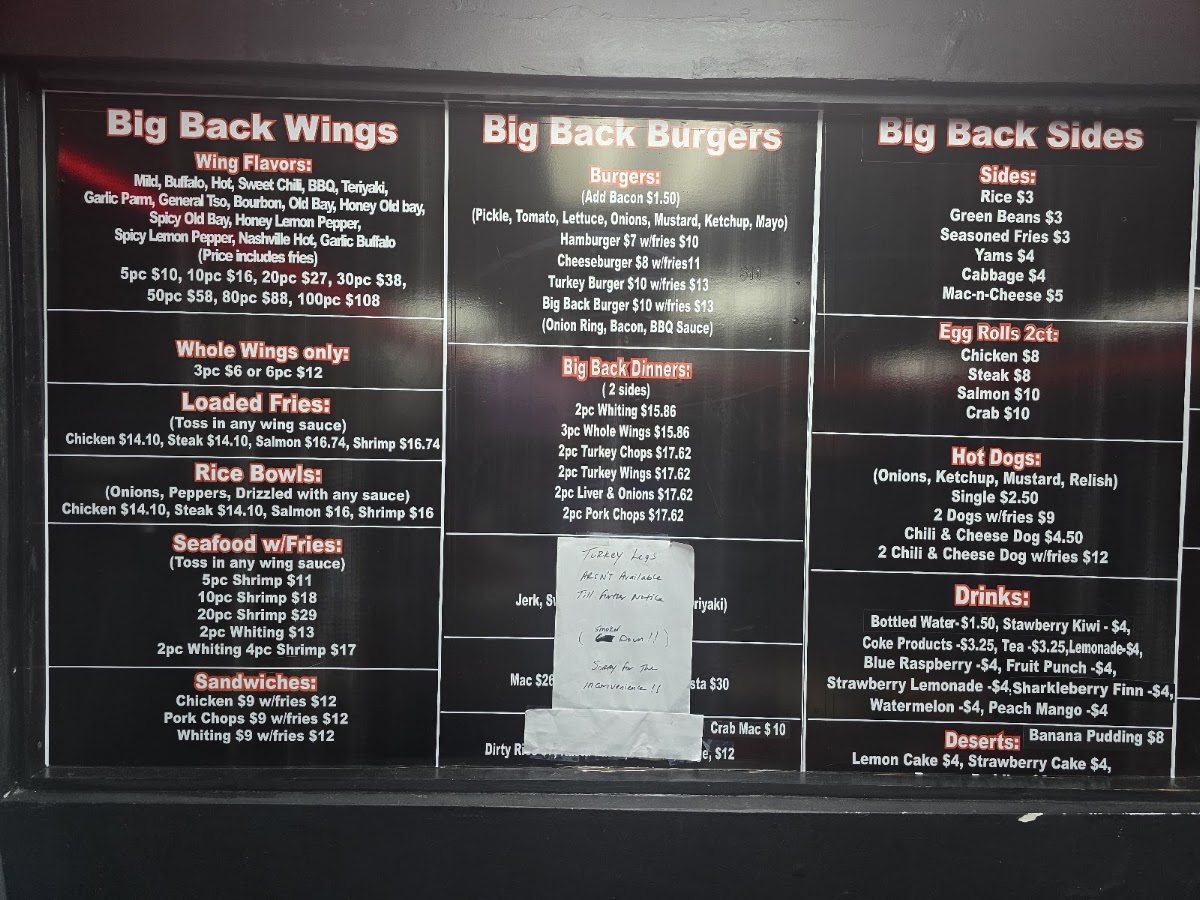Big Backs Eatery menu board