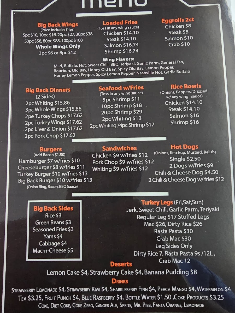 Big Backs Eatery menu board