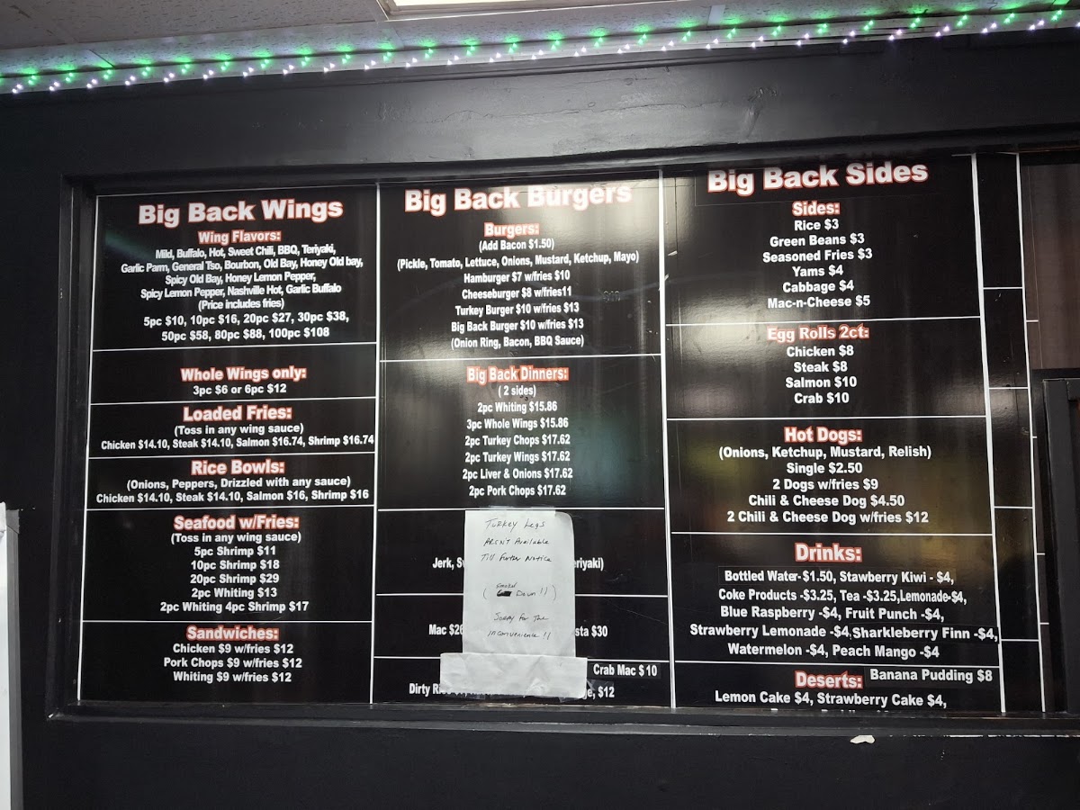 Big Backs Eatery menu board