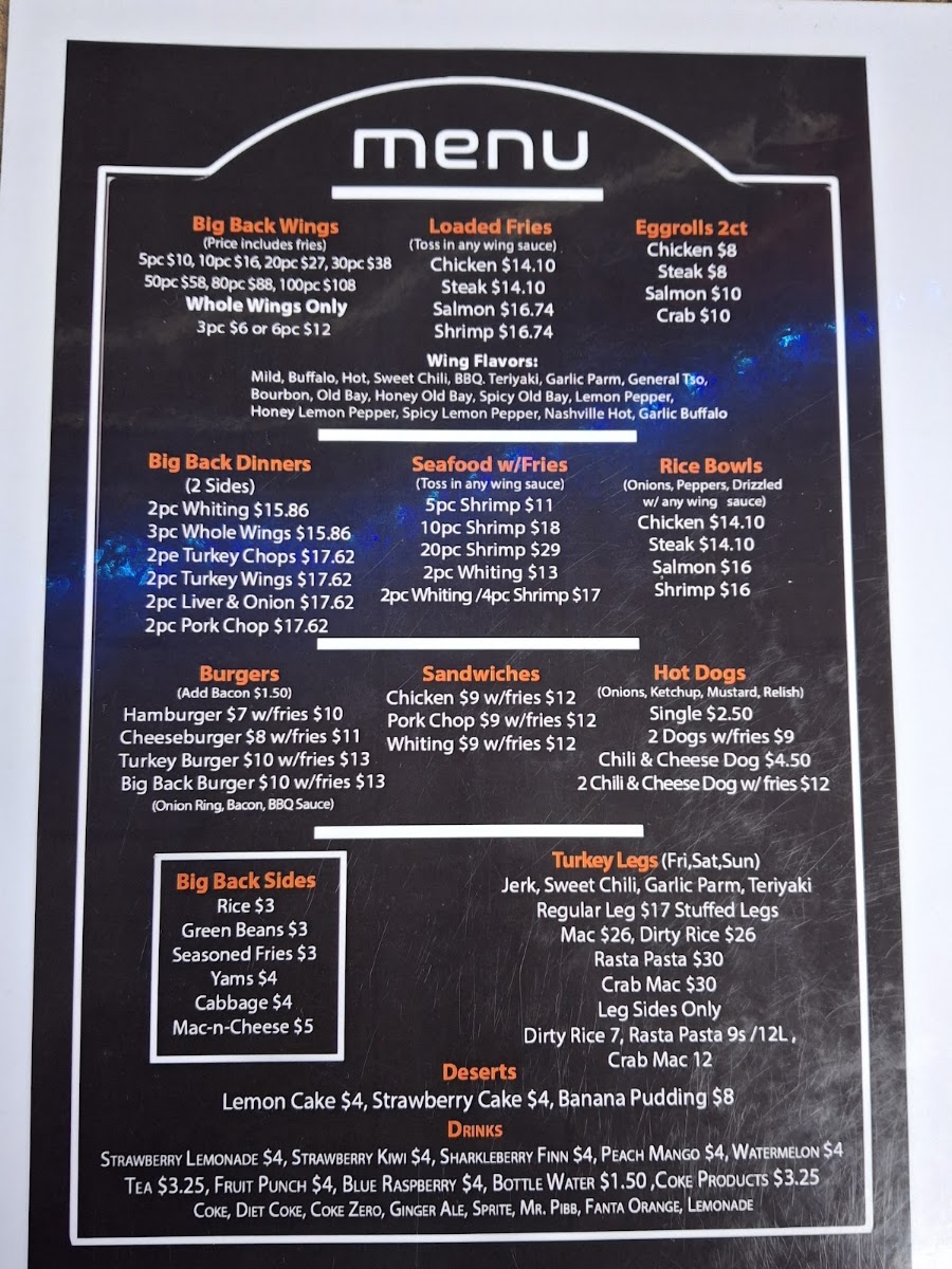 Big Backs Eatery menu board