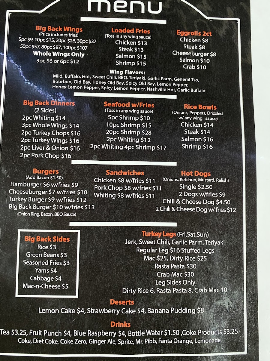 Big Backs Eatery menu board