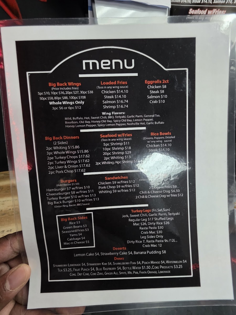 Big Backs Eatery menu board