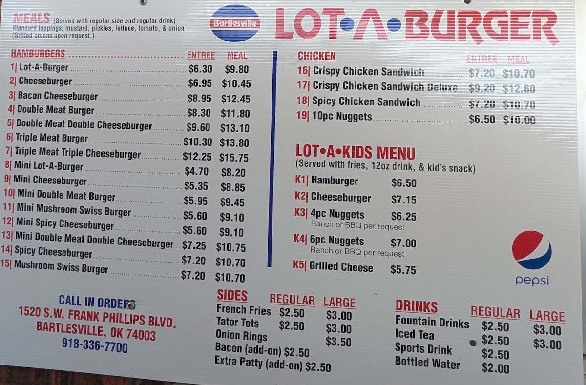 Bartlesville Lot A Burger (West Side) menu board