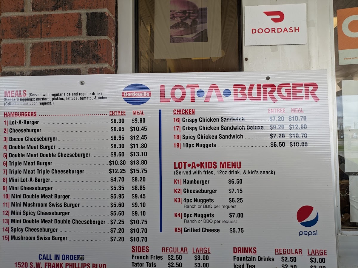 Bartlesville Lot A Burger (West Side) menu board