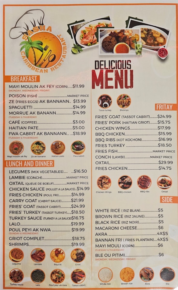 SASHA CARIBBEAN RESTAURANT menu board