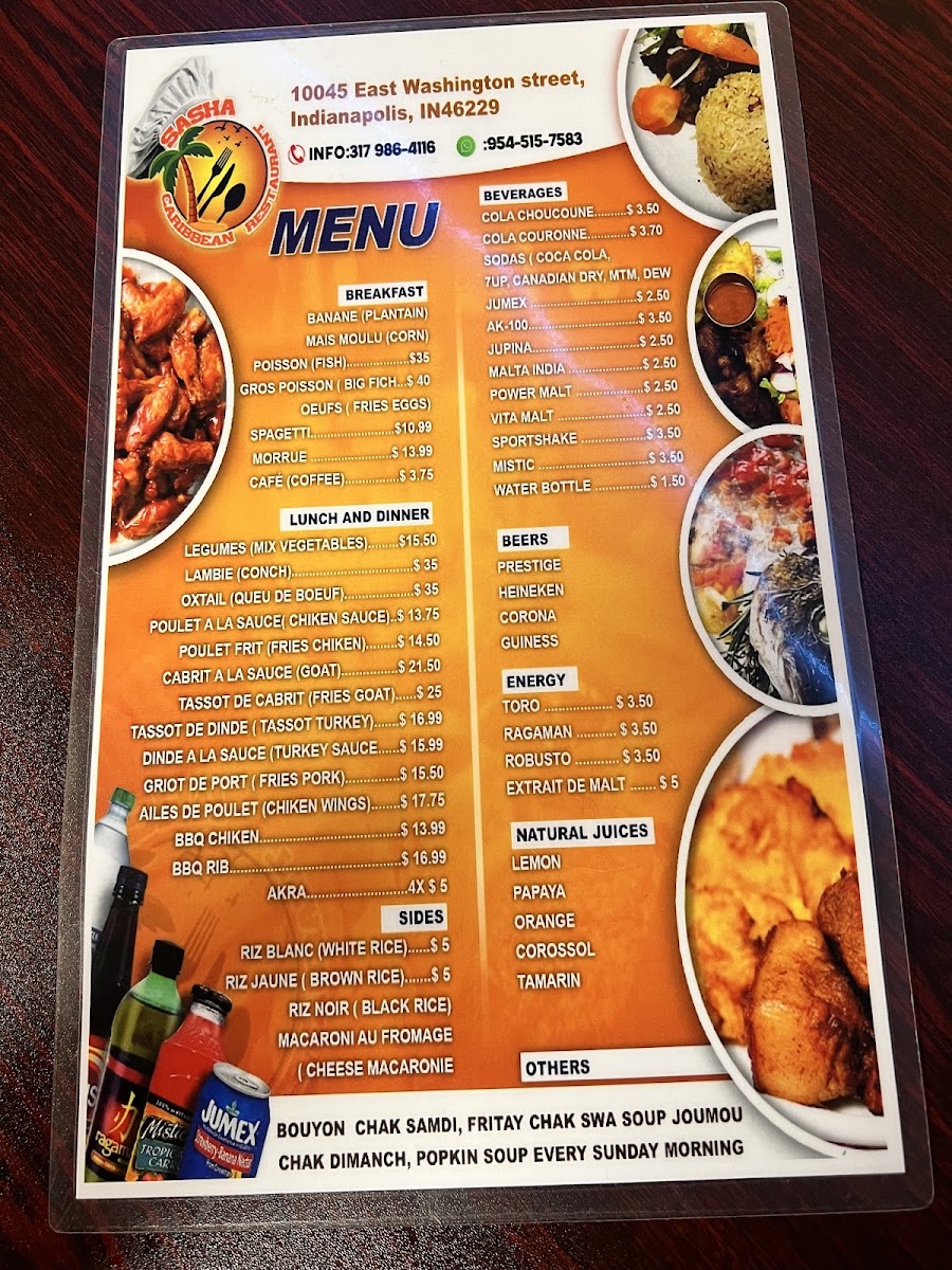 SASHA CARIBBEAN RESTAURANT menu board