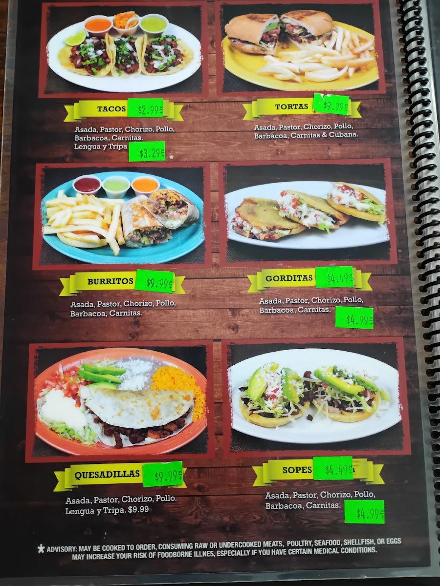 Carniceria Y Taqueria Dos menu board