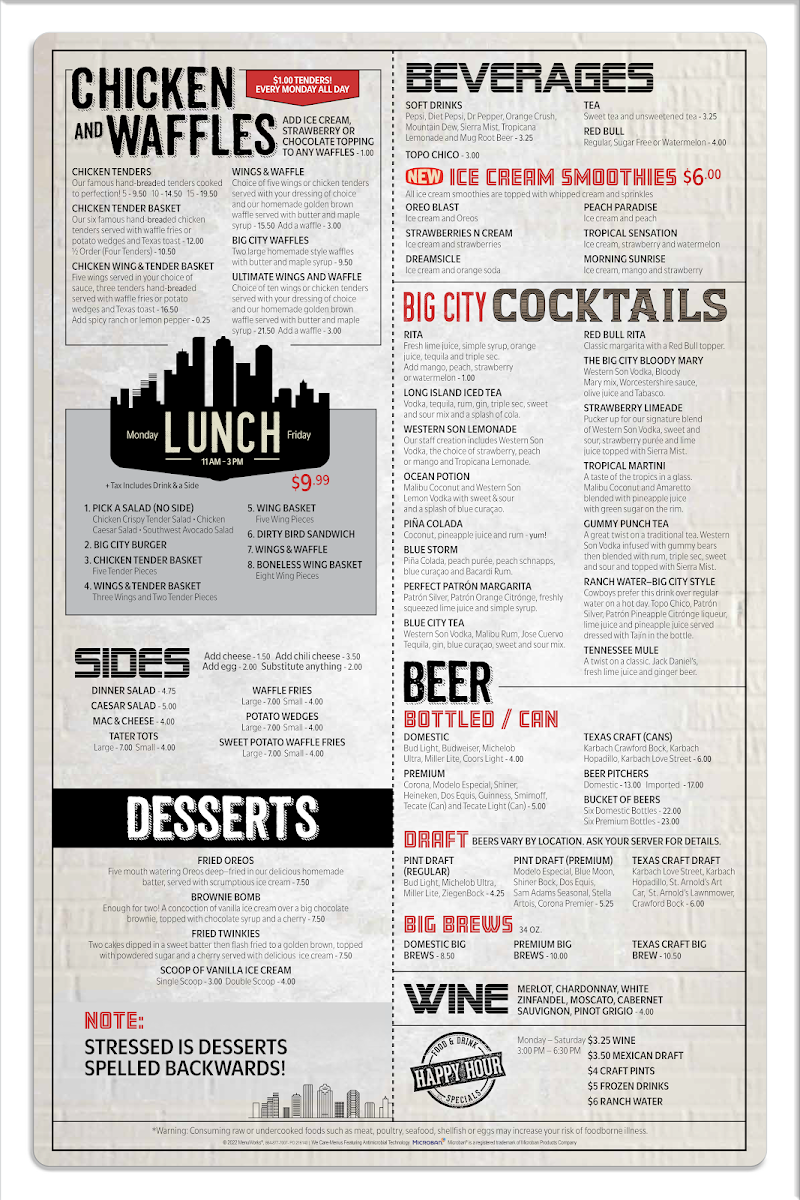 Big City Wings menu board
