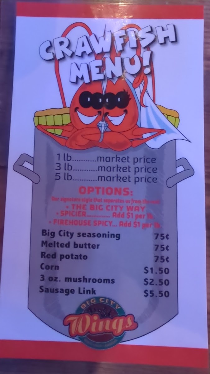 Big City Wings menu board