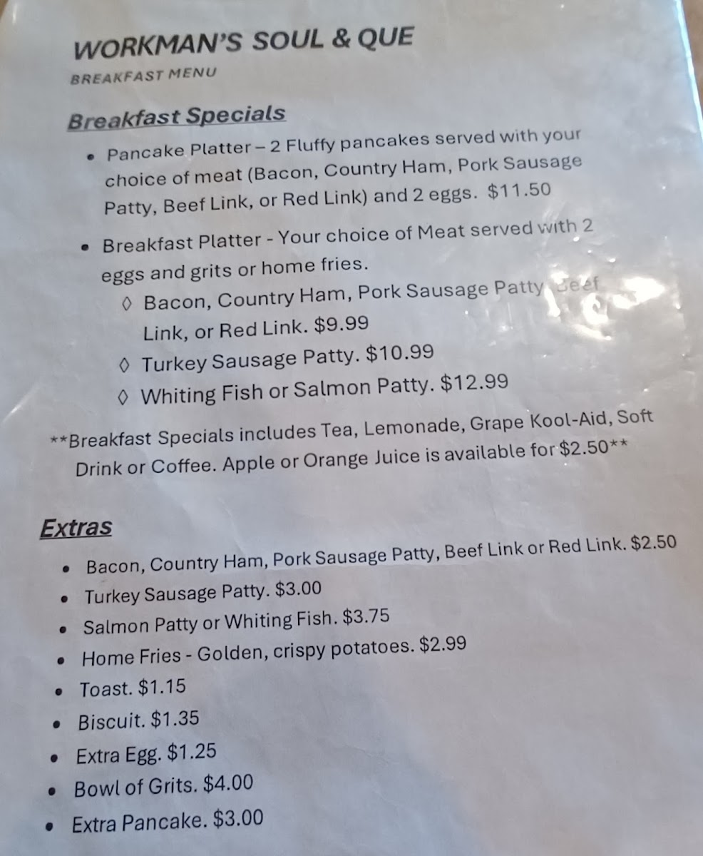 Workman's Soul & Que menu board