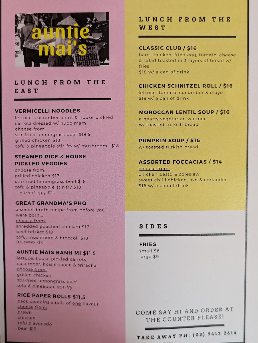 Auntie Mai's Vietnamese Cafe menu board