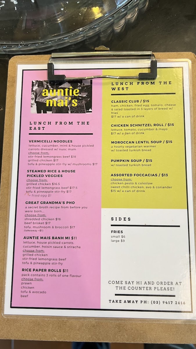 Auntie Mai's Vietnamese Cafe menu board