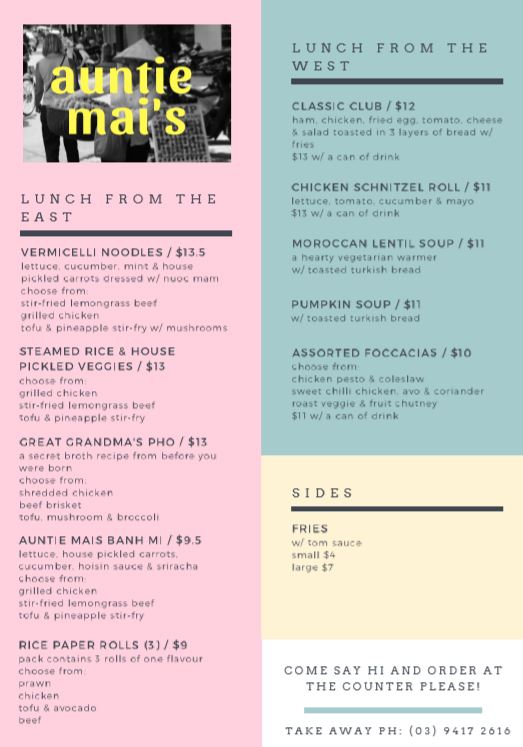 Auntie Mai's Vietnamese Cafe menu board
