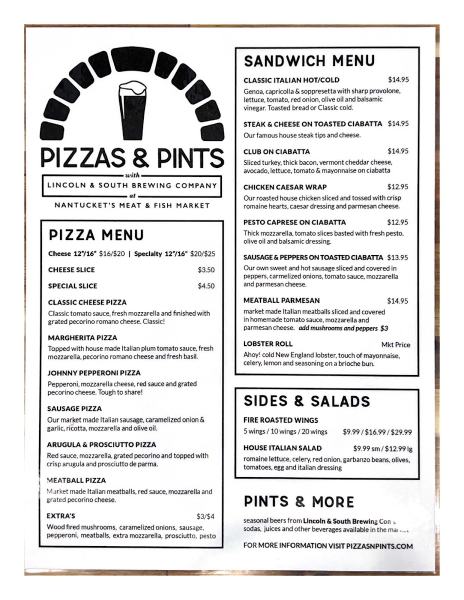 Pizzas & Pints menu board