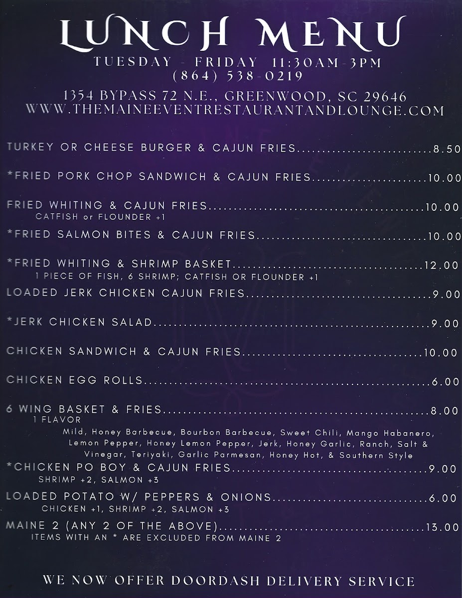The Maine Event Restaurant & Lounge menu board
