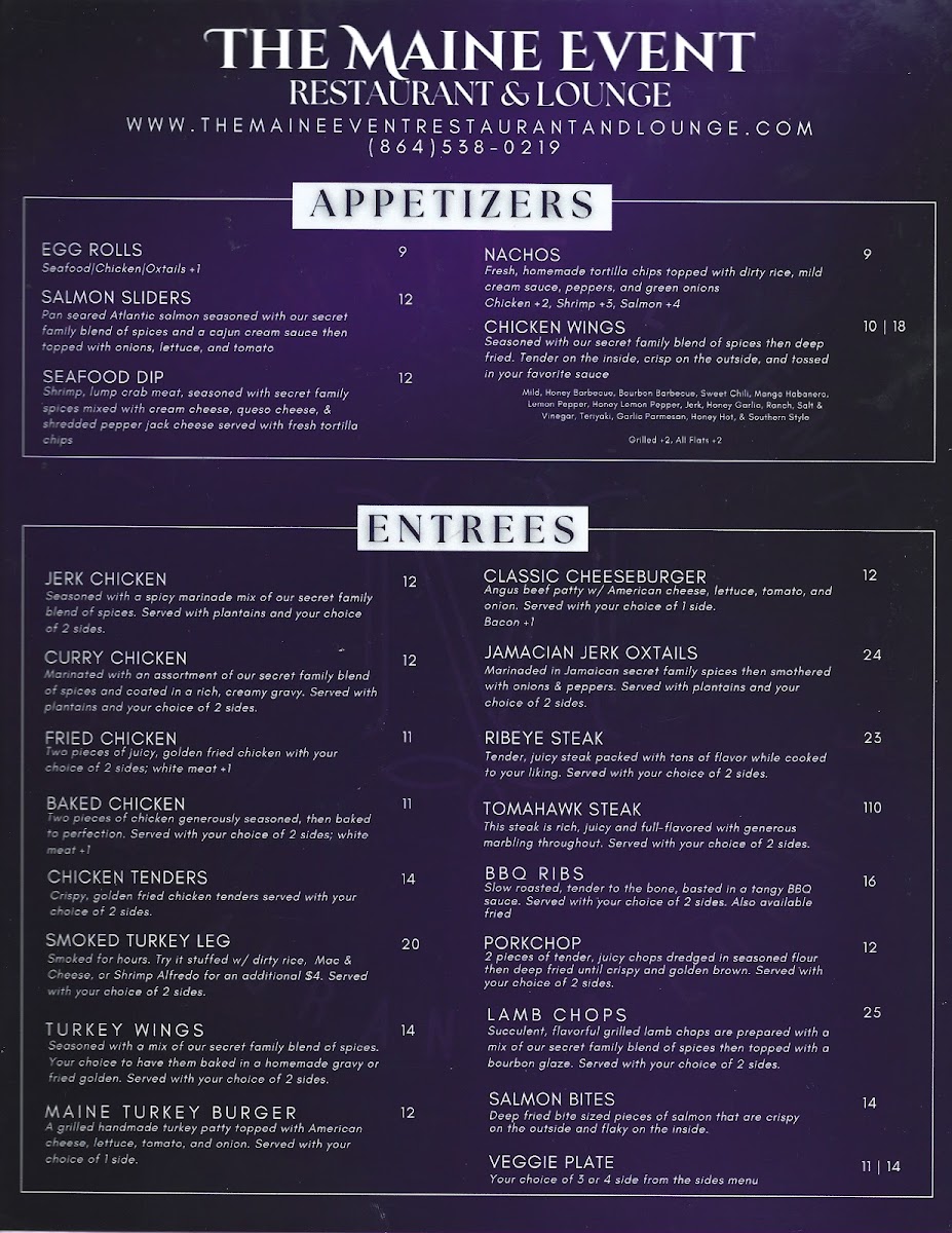 The Maine Event Restaurant & Lounge menu board