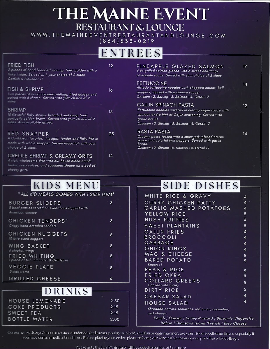 The Maine Event Restaurant & Lounge menu board