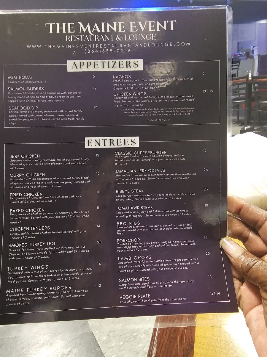 The Maine Event Restaurant & Lounge menu board