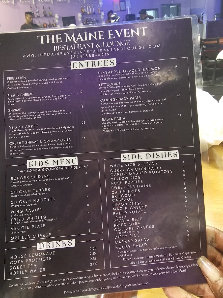 The Maine Event Restaurant & Lounge menu board
