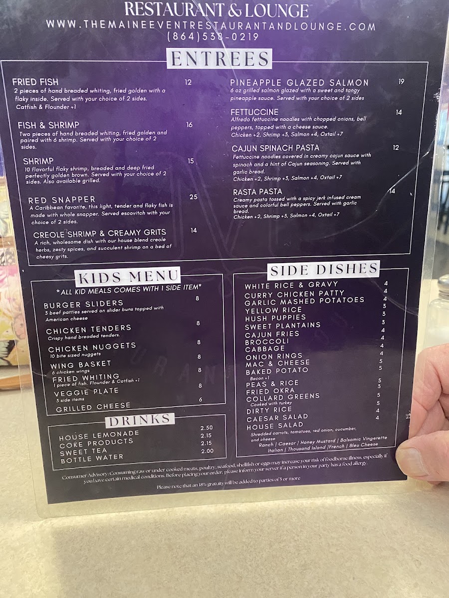 The Maine Event Restaurant & Lounge menu board