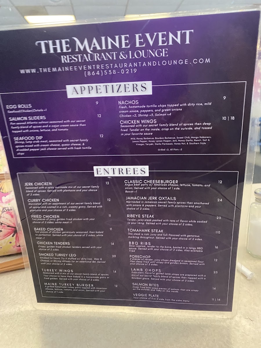 The Maine Event Restaurant & Lounge menu board