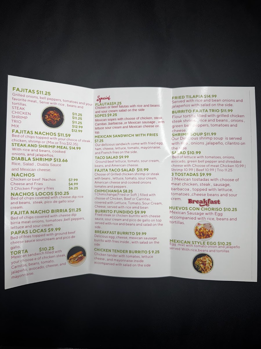Taqueria mexicana el Rinconsito menu board