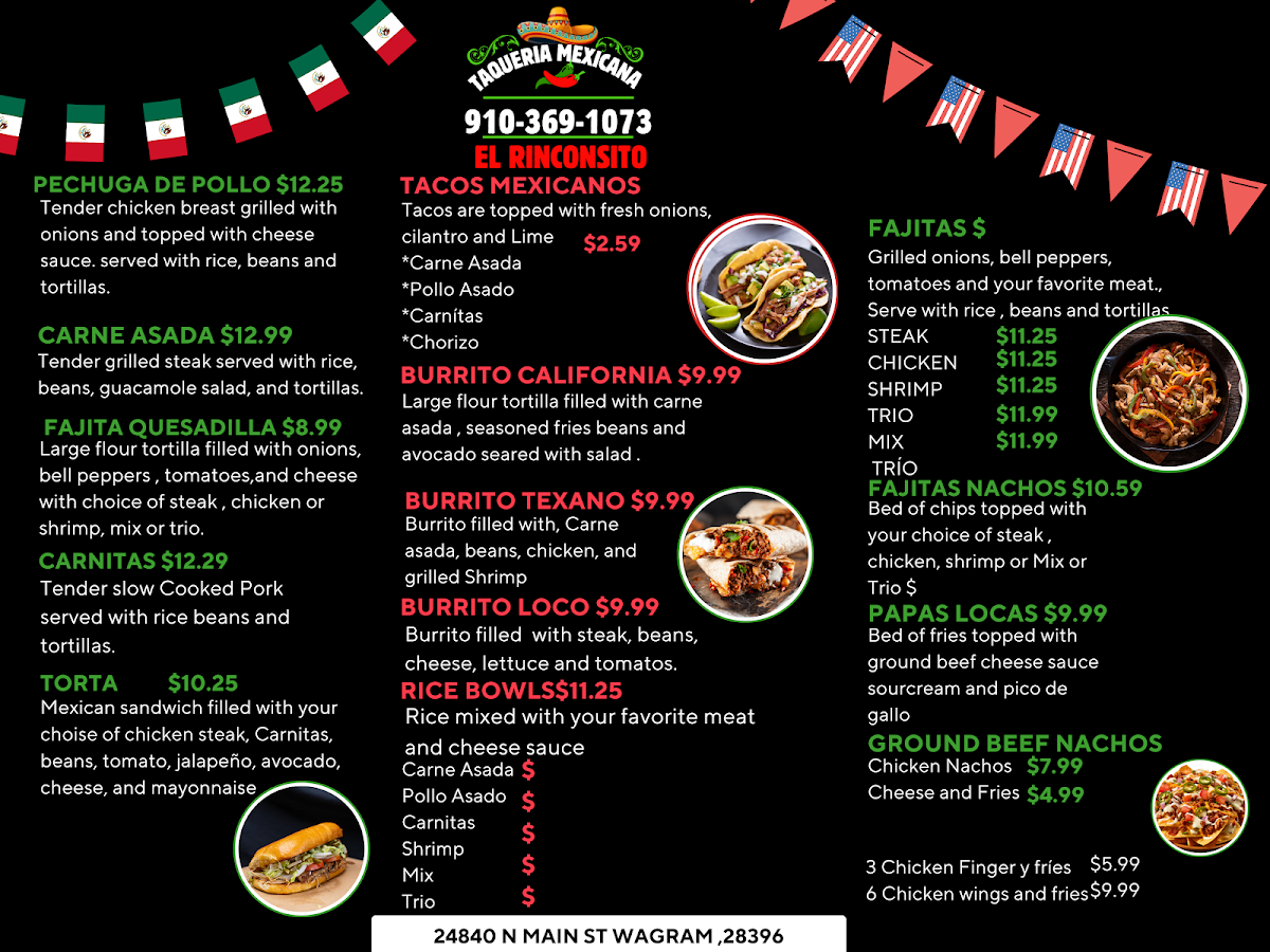 Taqueria mexicana el Rinconsito menu board
