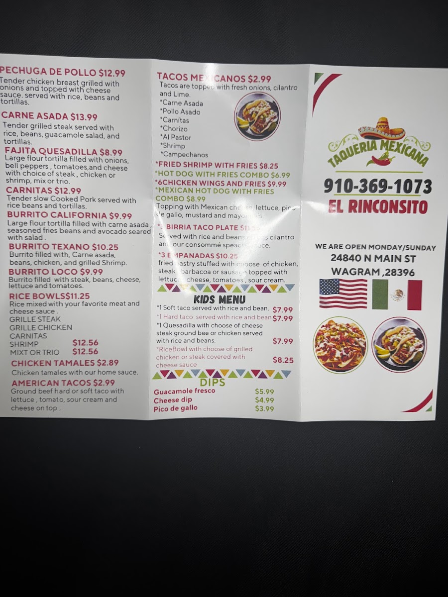 Taqueria mexicana el Rinconsito menu board