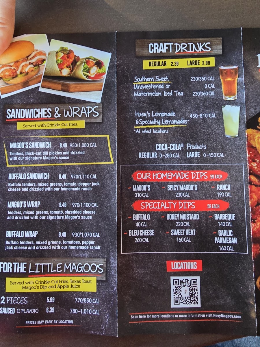 Huey Magoo's Chicken Tenders - Greenwood menu board