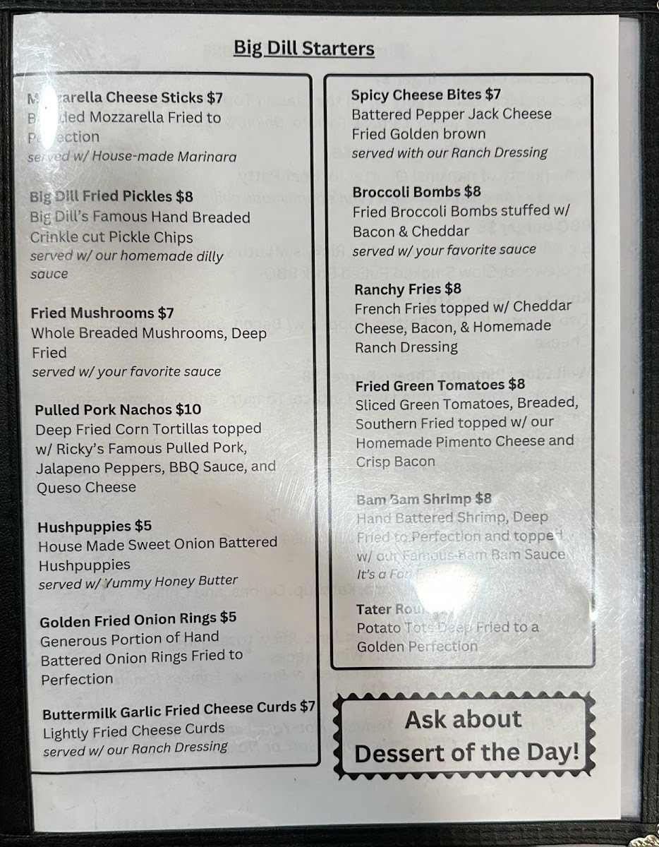 The Big Dill Grill menu board