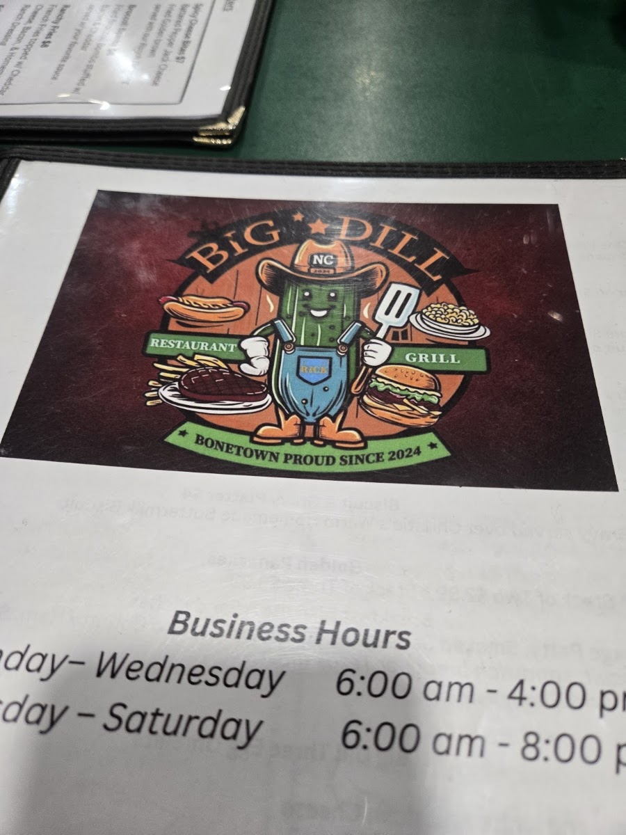 The Big Dill Grill menu board