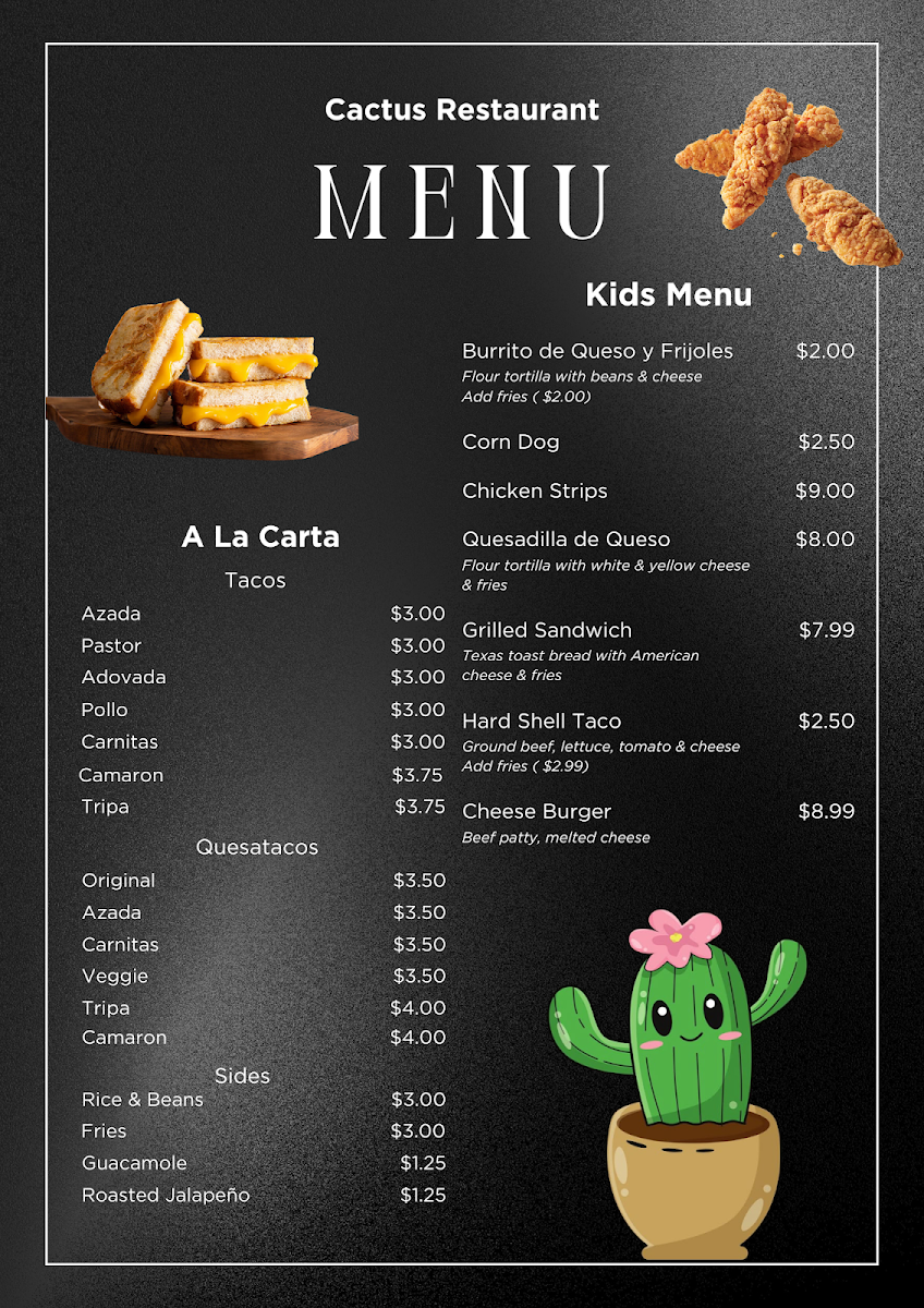 Cactus restaurant menu board