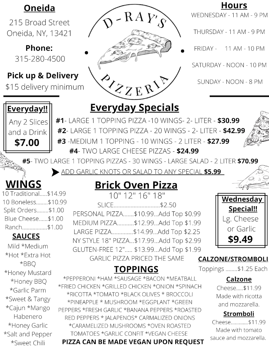 D-Ray's Pizzeria menu board