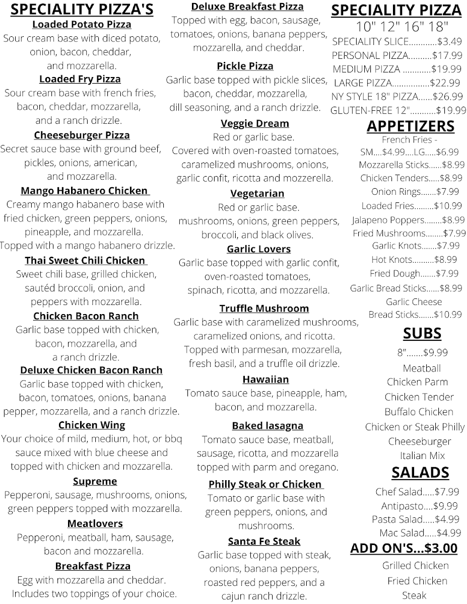 D-Ray's Pizzeria menu board