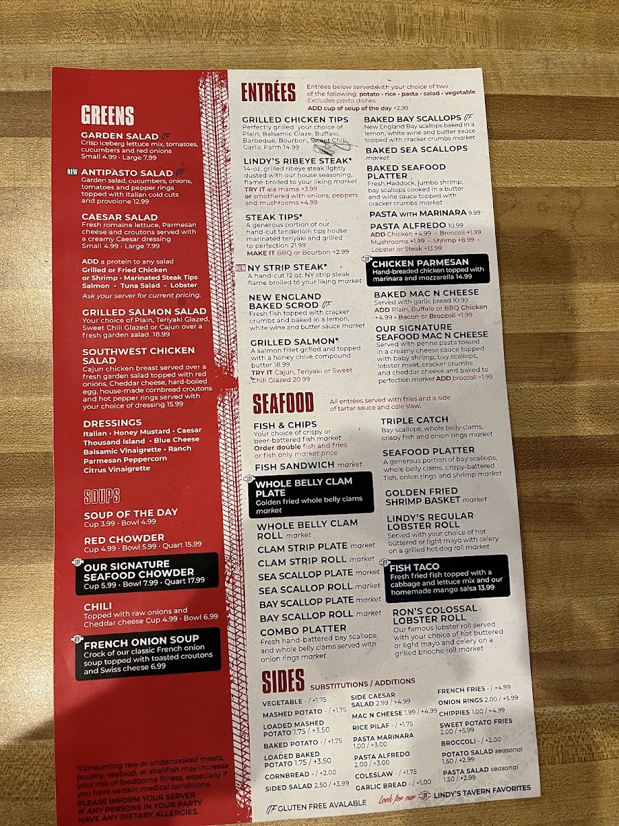 Lindy's Tavern menu board