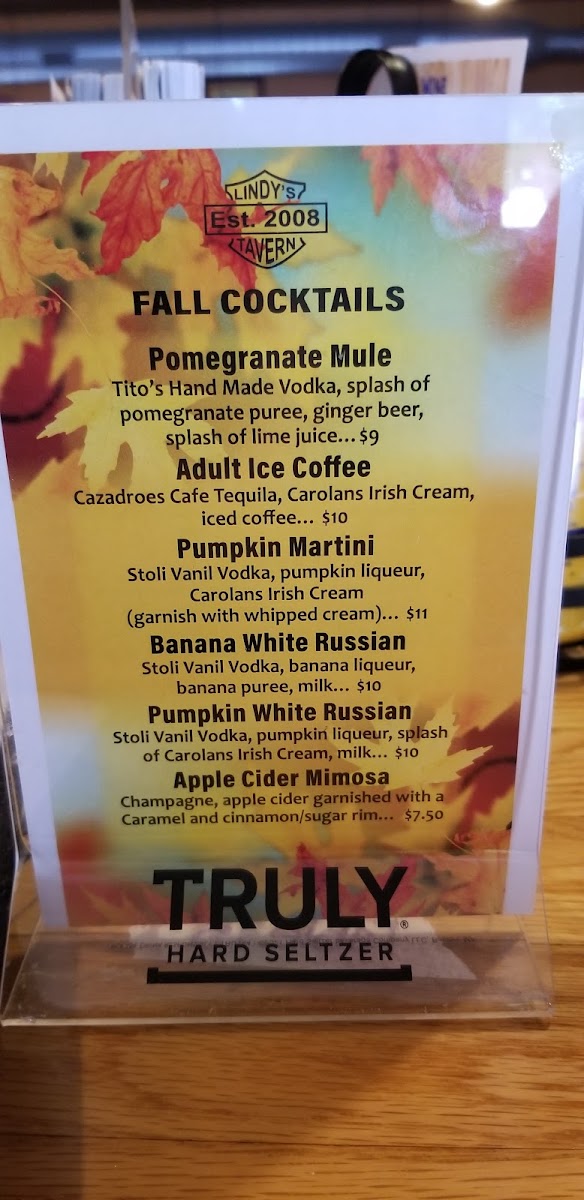 Lindy's Tavern menu board
