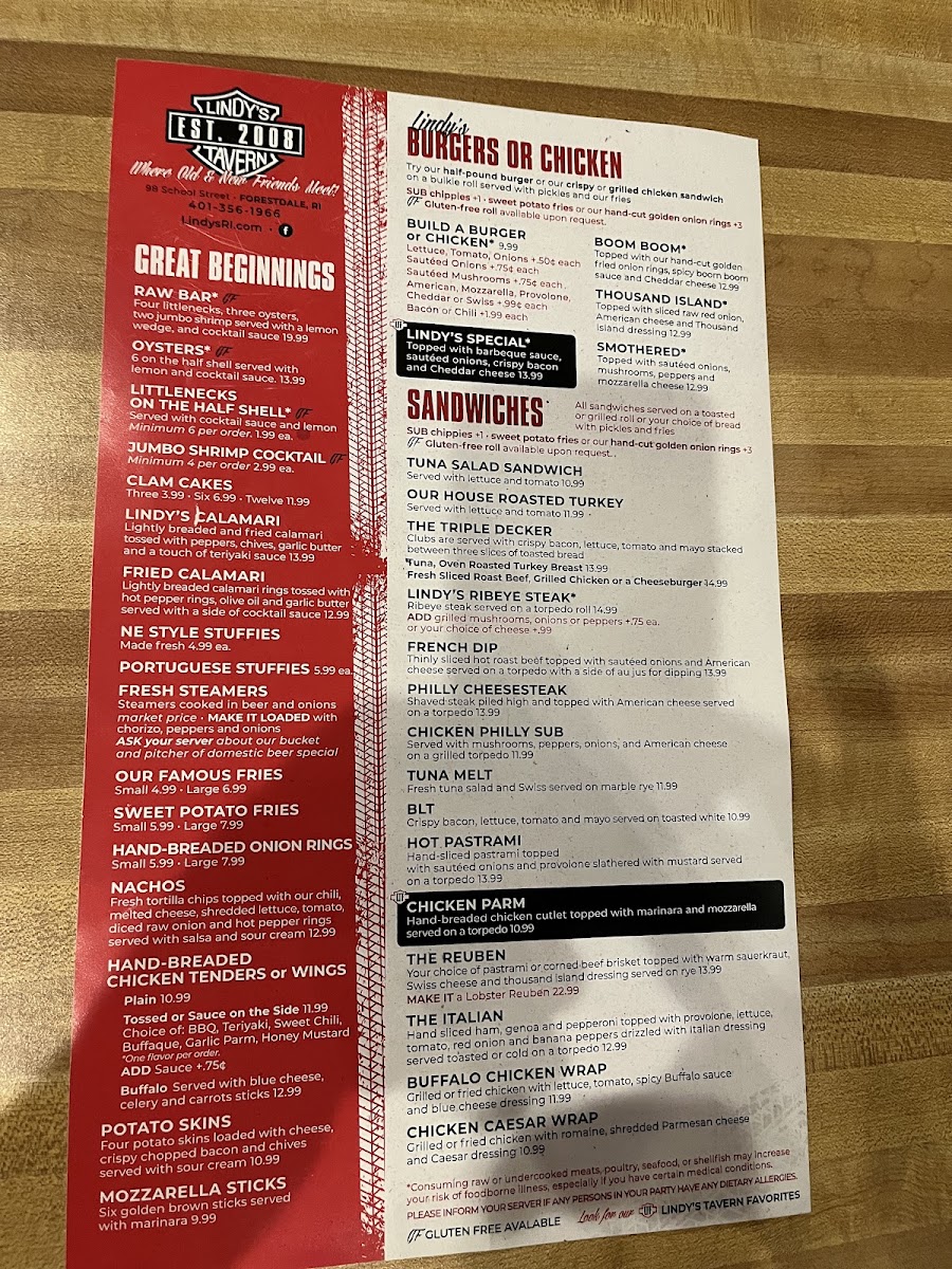 Lindy's Tavern menu board