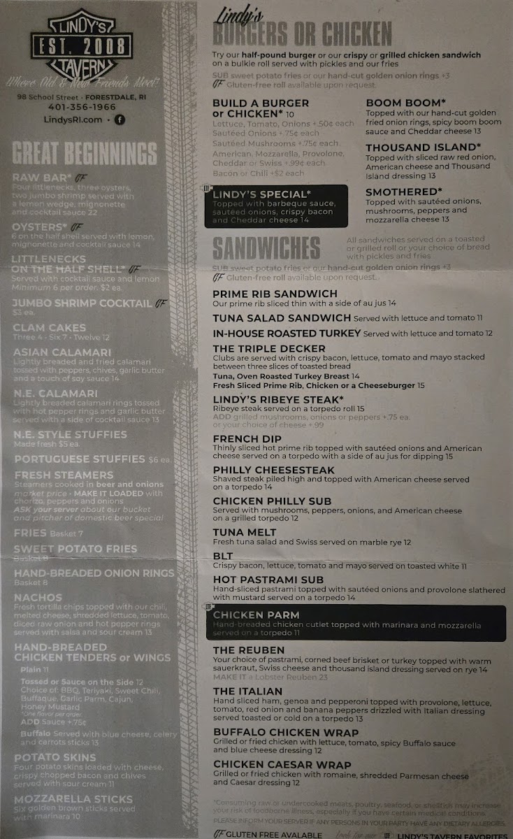Lindy's Tavern menu board