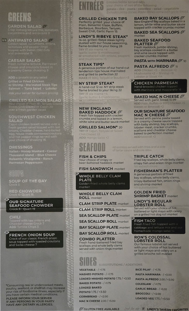 Lindy's Tavern menu board