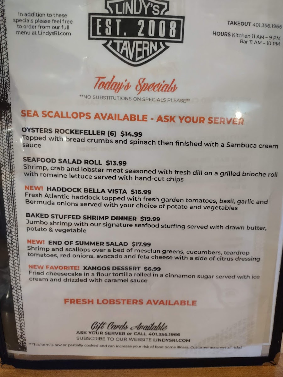 Lindy's Tavern menu board