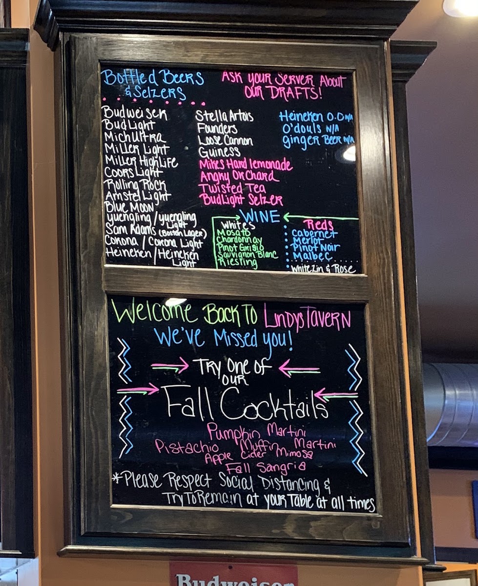 Lindy's Tavern menu board
