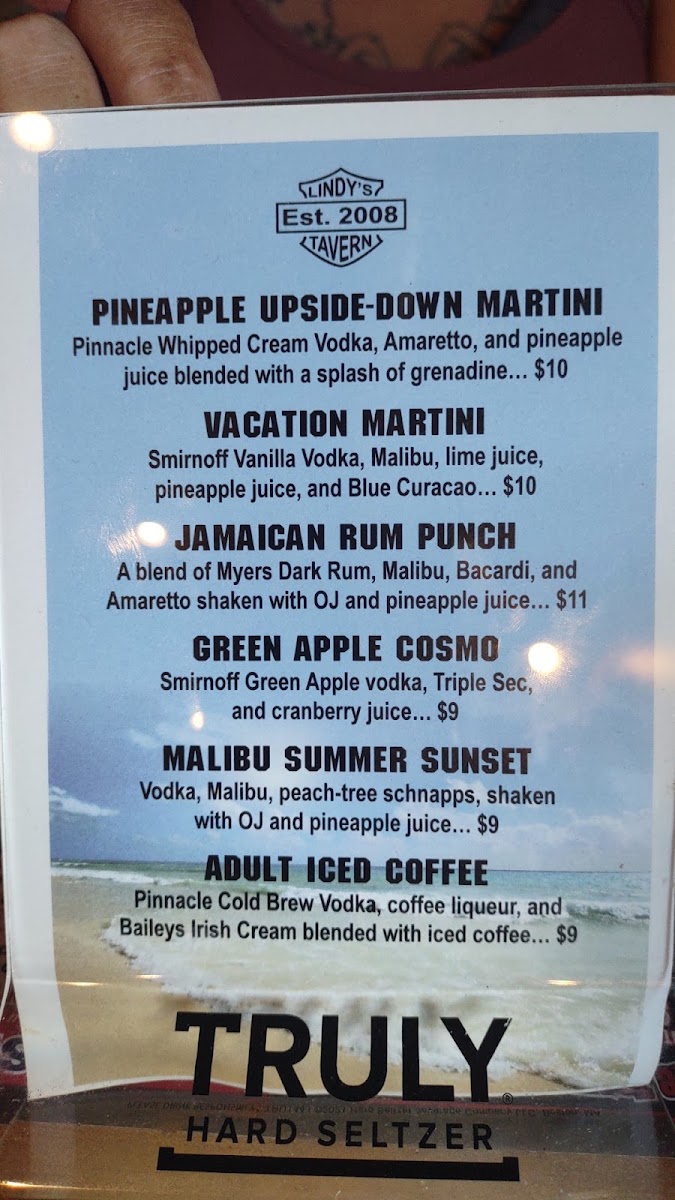 Lindy's Tavern menu board