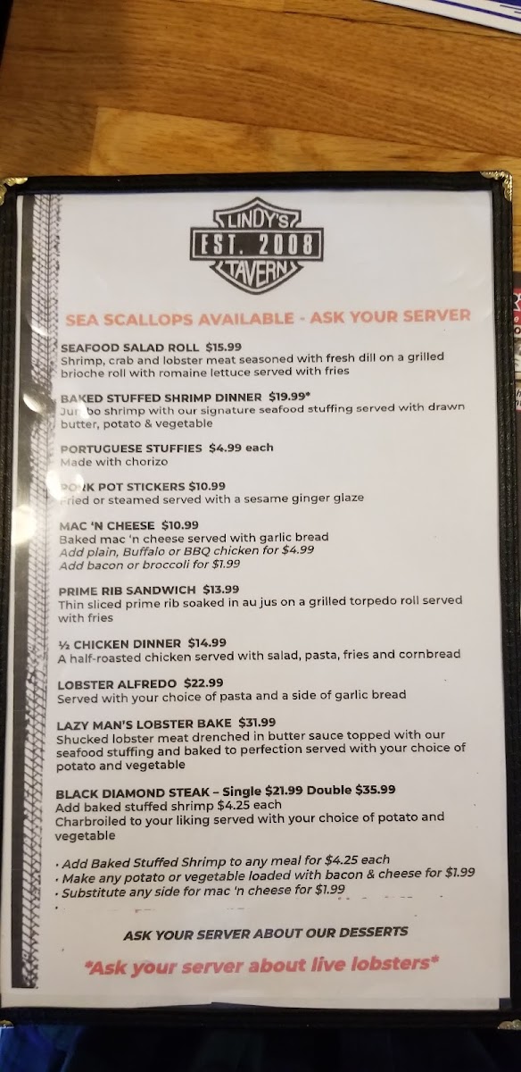 Lindy's Tavern menu board