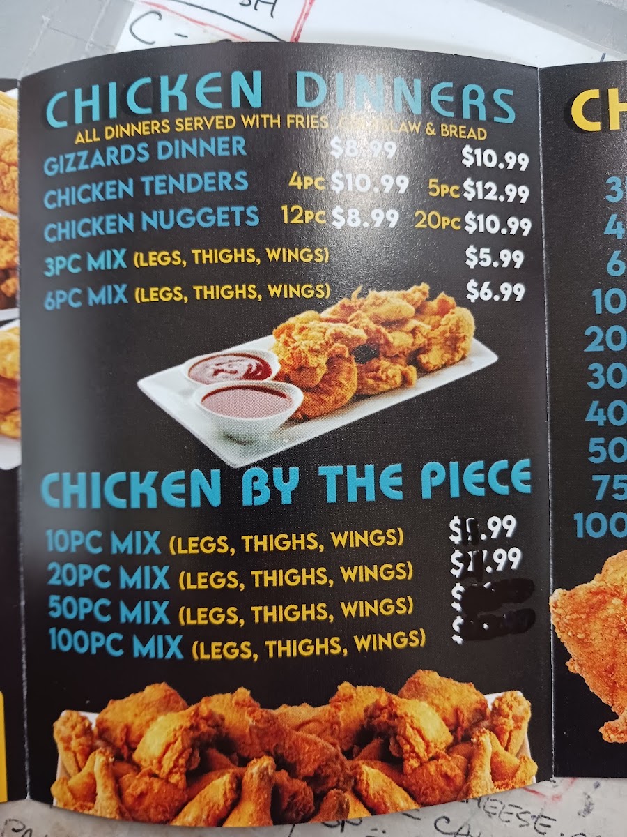 SHARKS FISH & CHIKEN menu board